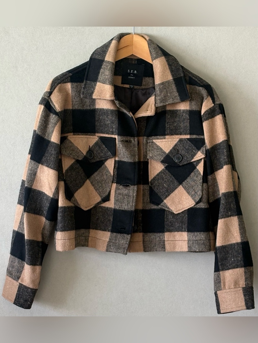 SEB SEBBY Checked Wooltype-Blend Cropped Jacket in tan & Black